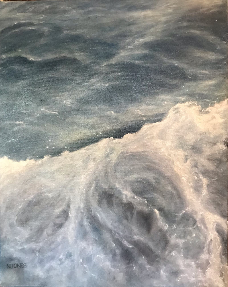 Whirling and Twirling, an oil painting of sea waves crashing by Nancy Jones